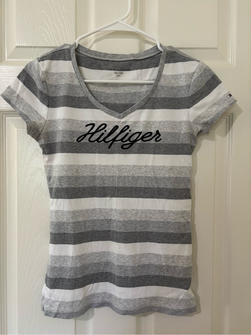 Tommy Hilfiger Gray & White Striped V-Neck Tee